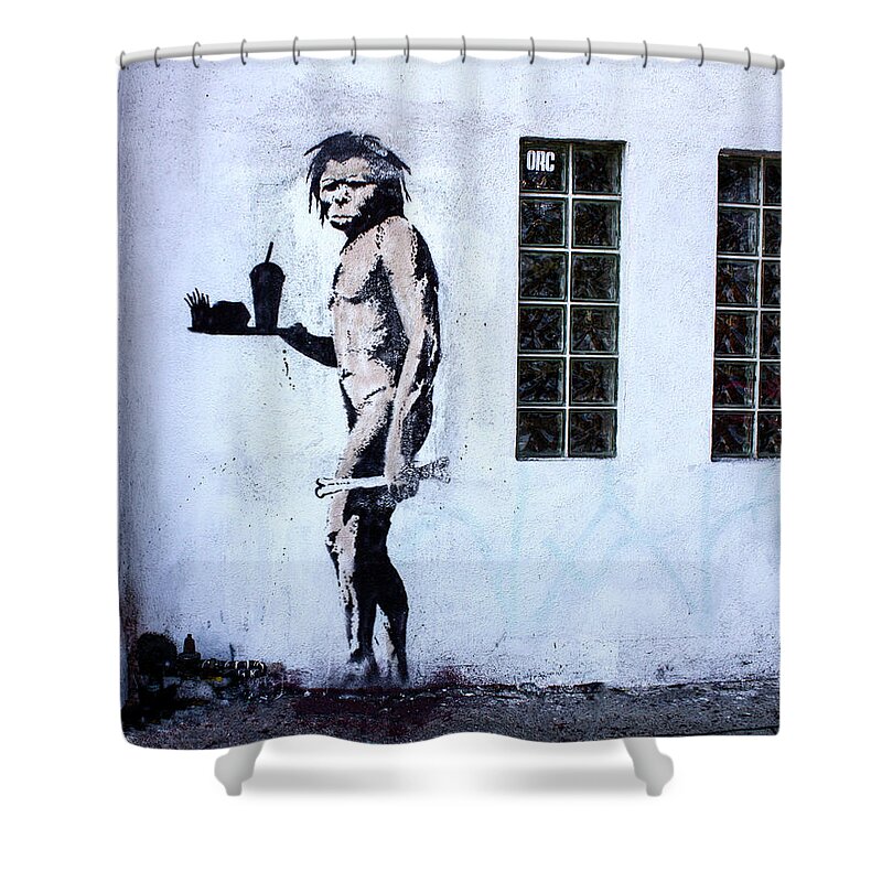 Banksy Shower Curtain featuring the photograph Bansky Fast Food Caveman Los Angeles by Gigi Ebert