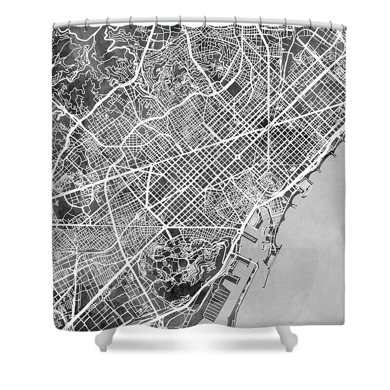 Barcelona Shower Curtain featuring the digital art Barcelona Spain City Map by Michael Tompsett