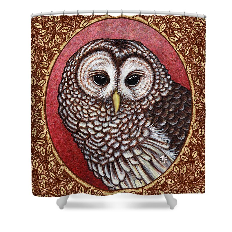 Animal Portrait Shower Curtain featuring the painting Barred Owl Portrait - Brown Border by Amy E Fraser