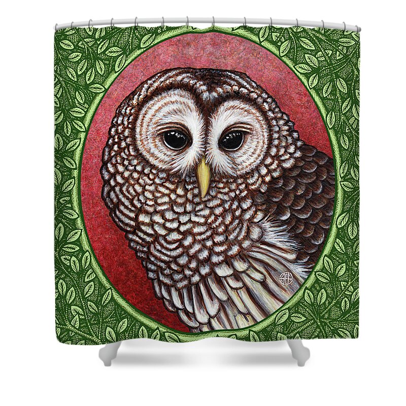Animal Portrait Shower Curtain featuring the painting Barred Owl Portrait - Green Border by Amy E Fraser