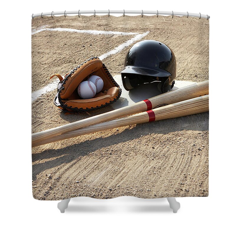 Shadow Shower Curtain featuring the photograph Baseball Glove, Balls, Bats And by Thomas Northcut