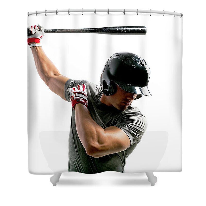 Sports Helmet Shower Curtain featuring the photograph Baseball Hitter Swings The Bat In by Robert Benson