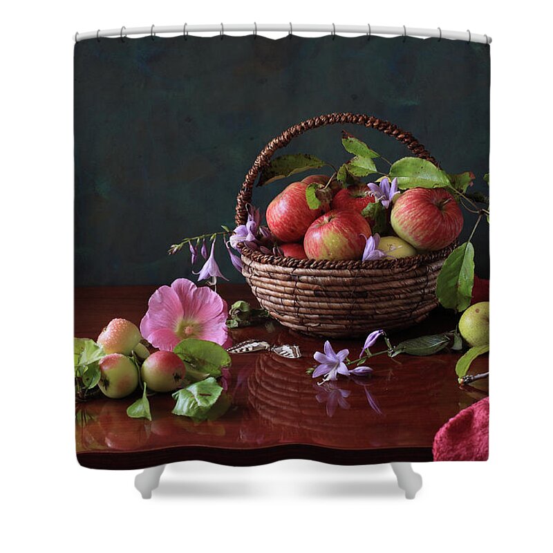 Purple Shower Curtain featuring the photograph Basket Of Apples And Blue Flowers by Panga Natalie Ukraine