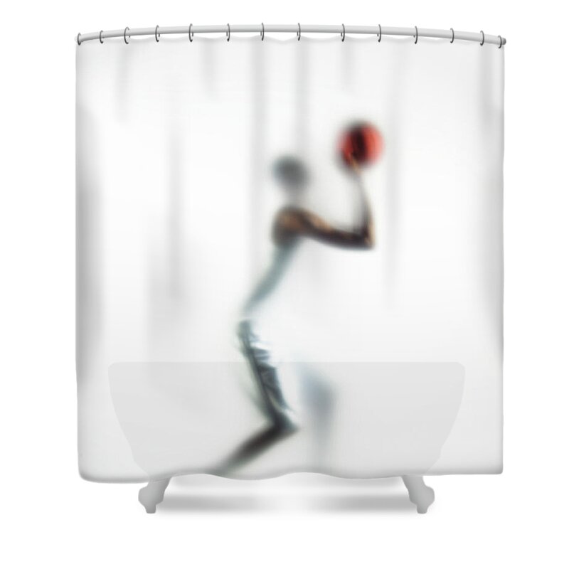 White Background Shower Curtain featuring the photograph Basketball Player Shooting Ball, Side by Symphonie