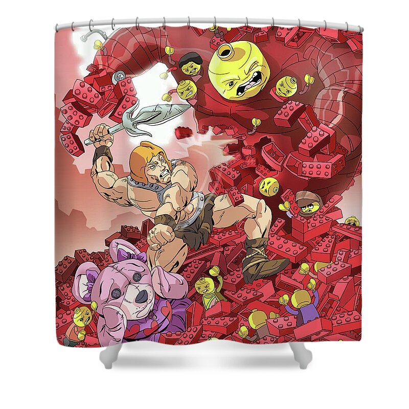 Lego Shower Curtain featuring the digital art Battle of the Ages by Kynn Peterkin