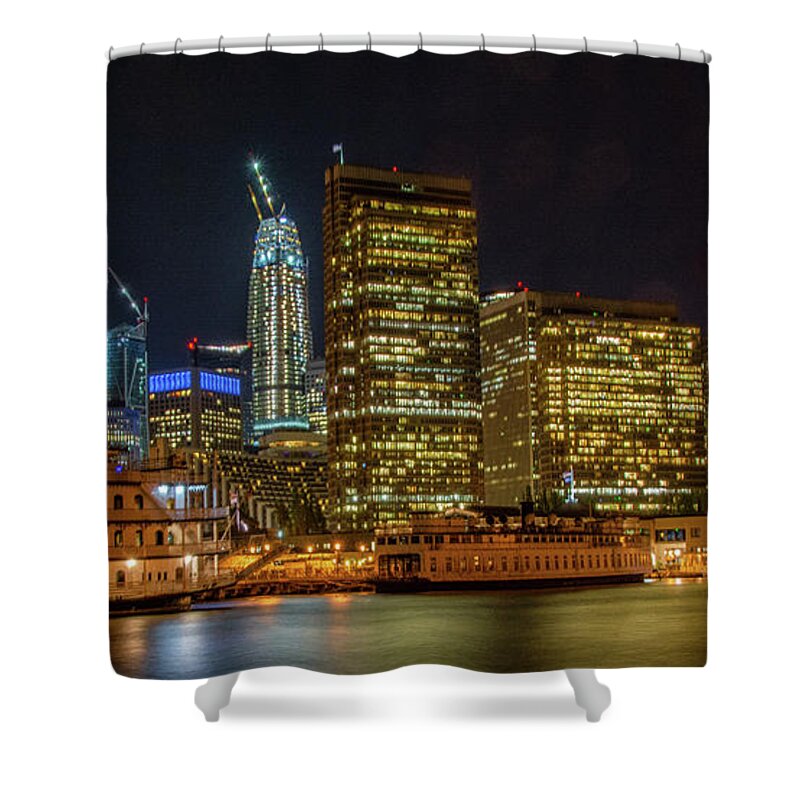 Night Photography Shower Curtain featuring the photograph Bay City Night Lights by Marcy Wielfaert