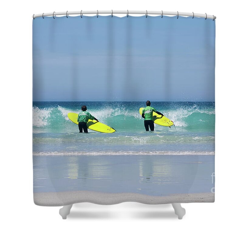 Cornwall Shower Curtain featuring the photograph Beach Boys go surfing by Terri Waters