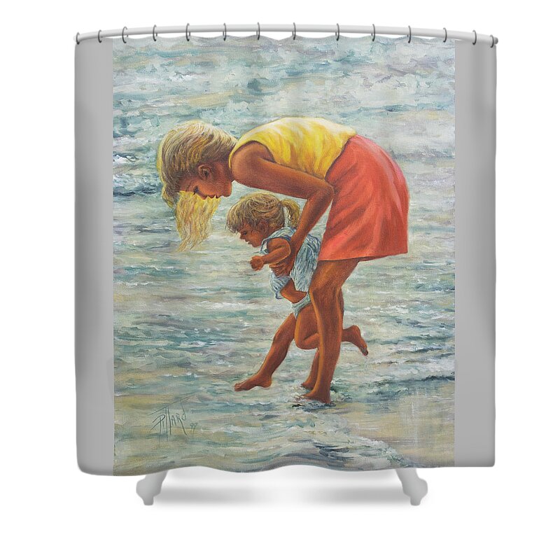 Mother And Child At Beach Shower Curtain featuring the painting Forever Memories by Lynne Pittard