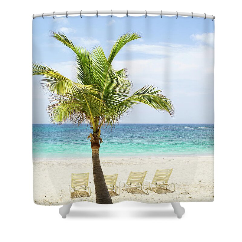 Scenics Shower Curtain featuring the photograph Beach Scene With Palm Tree And Lounge by Sangfoto