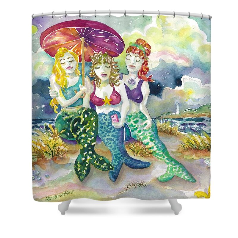 Mermaids Shower Curtain featuring the painting Mermaid Beach Selfie by Ann Nicholson