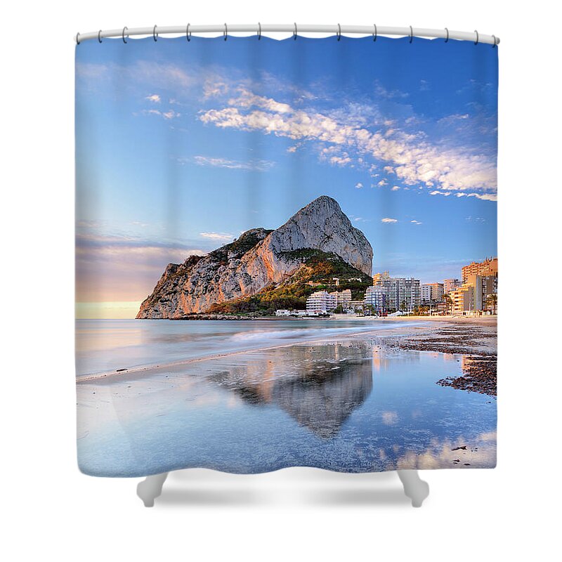 Estock Shower Curtain featuring the digital art Beach With Giant Rock by Francesco Carovillano