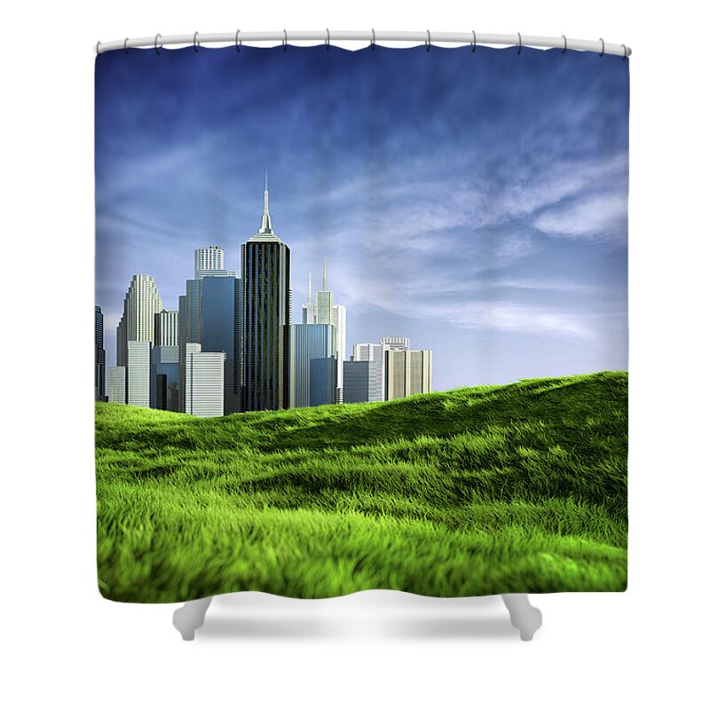 Environmental Conservation Shower Curtain featuring the photograph Beautiful Sunny Downtown Skyline And by Da-kuk