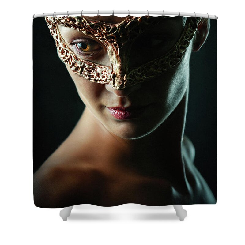 Art Shower Curtain featuring the photograph Beauty model woman wearing masquerade carnival mask by Dimitar Hristov