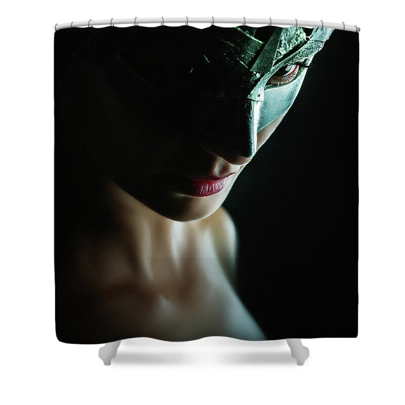 Art Shower Curtain featuring the photograph Beauty model woman wearing venetian masquerade carnival mask by Dimitar Hristov