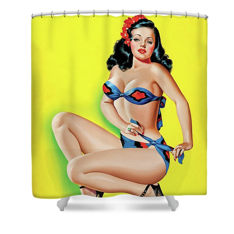 Pinup Shower Curtain featuring the painting Beauty Parade Magazine; Pinup in a Bikini by Peter Driben