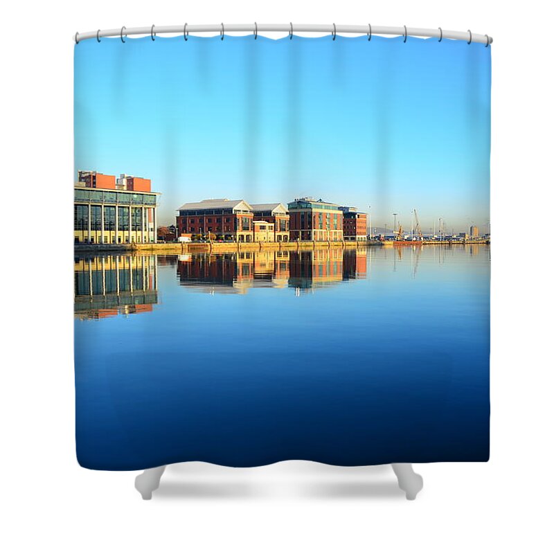 Belfast Shower Curtain featuring the photograph Belfast Lough Buildings Early Morning by David Dawson Image