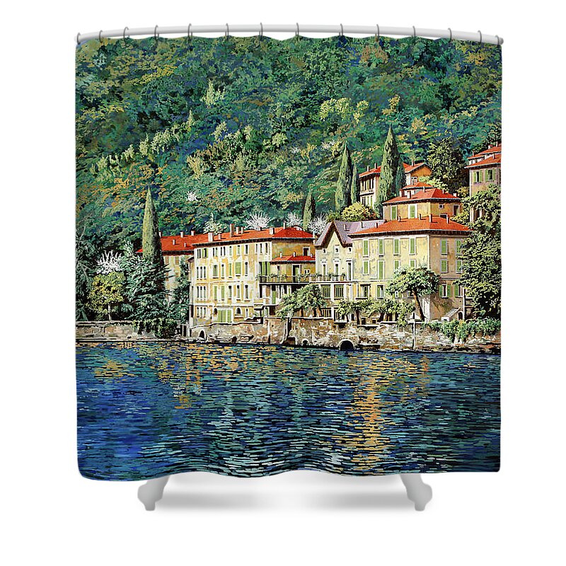 Landscape Shower Curtain featuring the painting Bellano on Lake Como by Guido Borelli