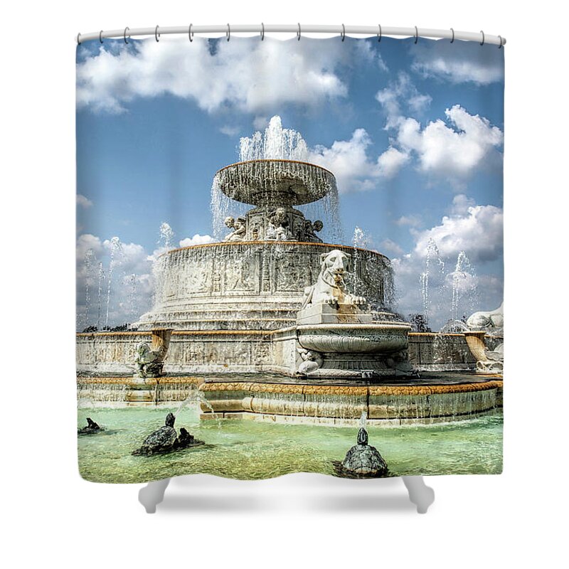 Belle Isle Shower Curtain featuring the photograph Belle Isle Fountain by Karen Varnas