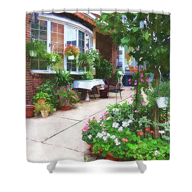 Cafe Shower Curtain featuring the photograph Belvidere NJ - Outdoor Cafe with Flowerpots by Susan Savad