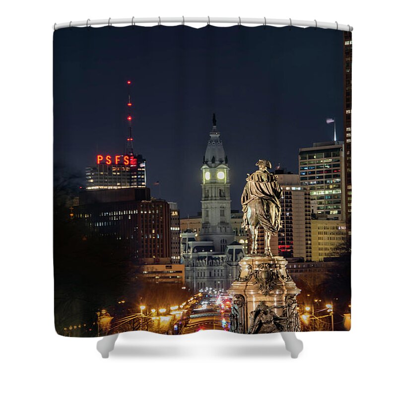 Ben Shower Curtain featuring the photograph Ben Franklin Parkway - All Lit Up by Bill Cannon