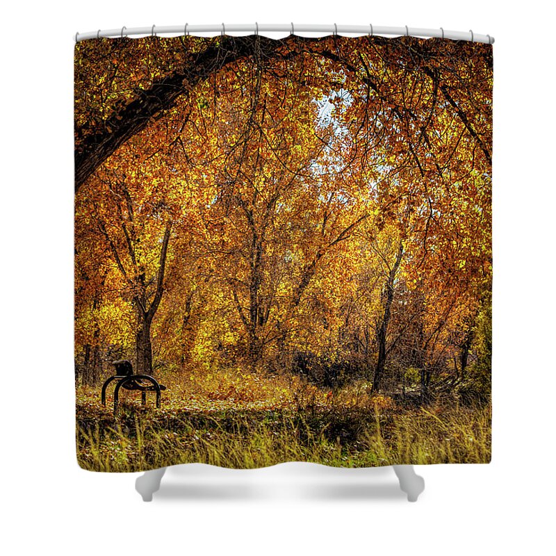 Photographs Shower Curtain featuring the photograph Bench with Autumn Leaves by John A Rodriguez