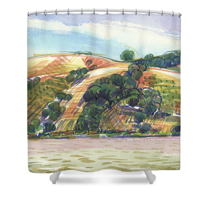 California Landscape Shower Curtain featuring the painting Benicia across the Strait from 9th Street Park by Judith Kunzle