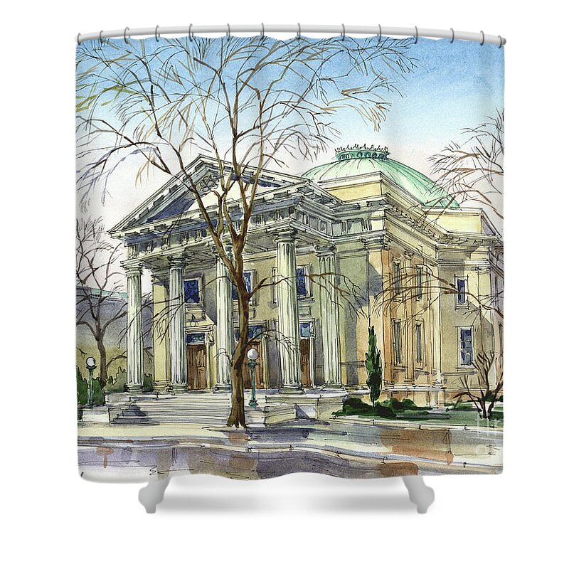 Beth Ahabah; Synagogue; Sunny; Spring; Architecture; Building; Celebrating Jewish Holiday; Jewish; Watercolor; Painting; Maria Rabinky; Rabinky; Rabinsky Shower Curtain featuring the painting Beth Ahahah by Maria Rabinky