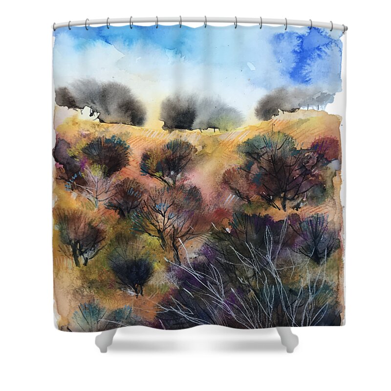 Nature Shower Curtain featuring the painting Beyond the hills by Alessandro Andreuccetti