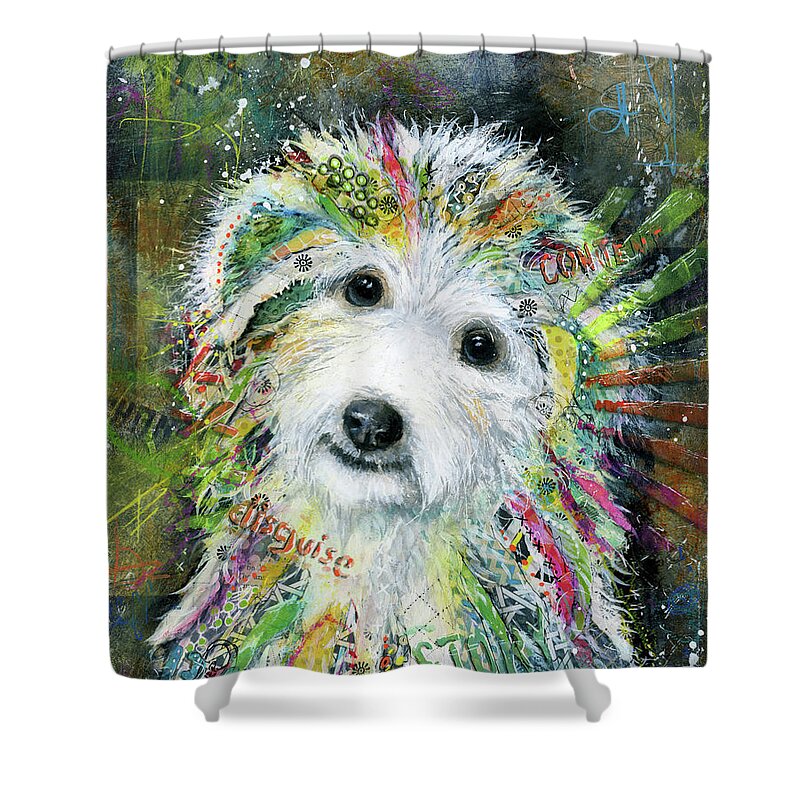 Bichon Shower Curtain featuring the mixed media Bichon Frise by Patricia Lintner