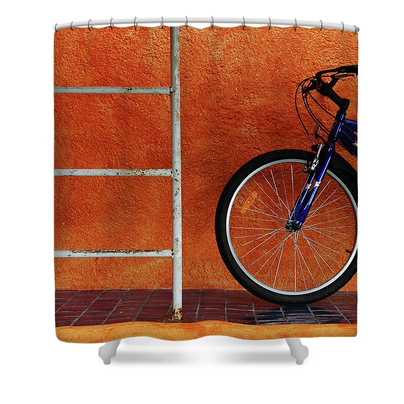 Rectangle Shower Curtain featuring the photograph Bicycle Against Orange Wall by Dlewis33
