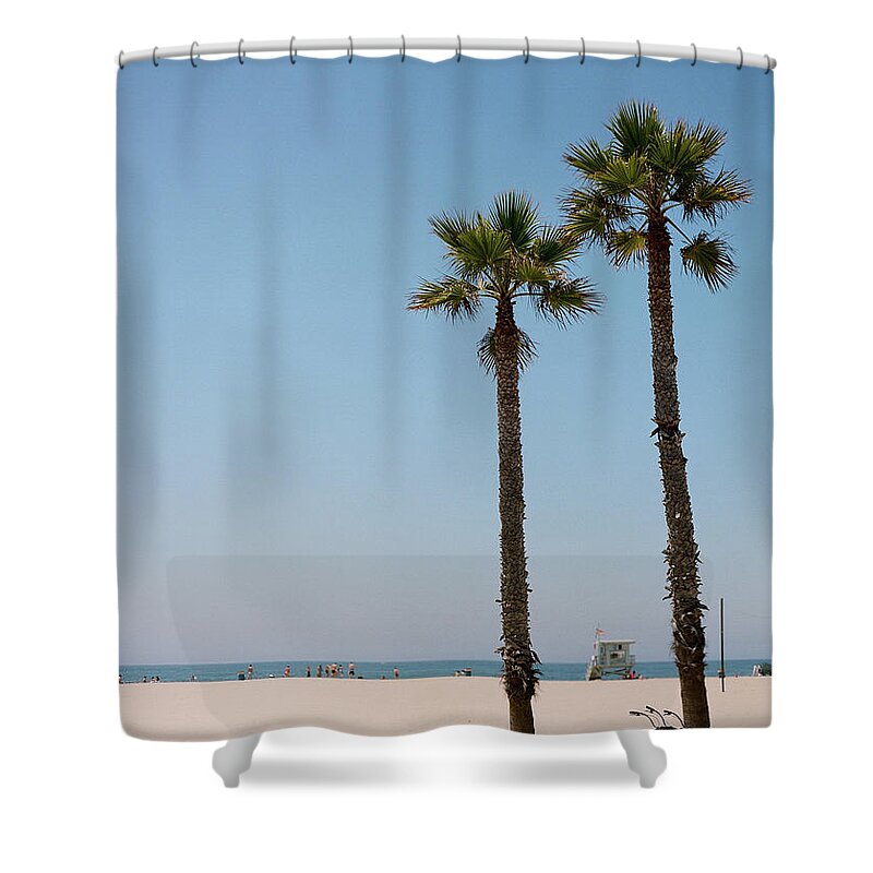 Tranquility Shower Curtain featuring the photograph Bicycle Leaning On Palm Tree At Beach by Jörgen Persson - Www.rebusfilm.se