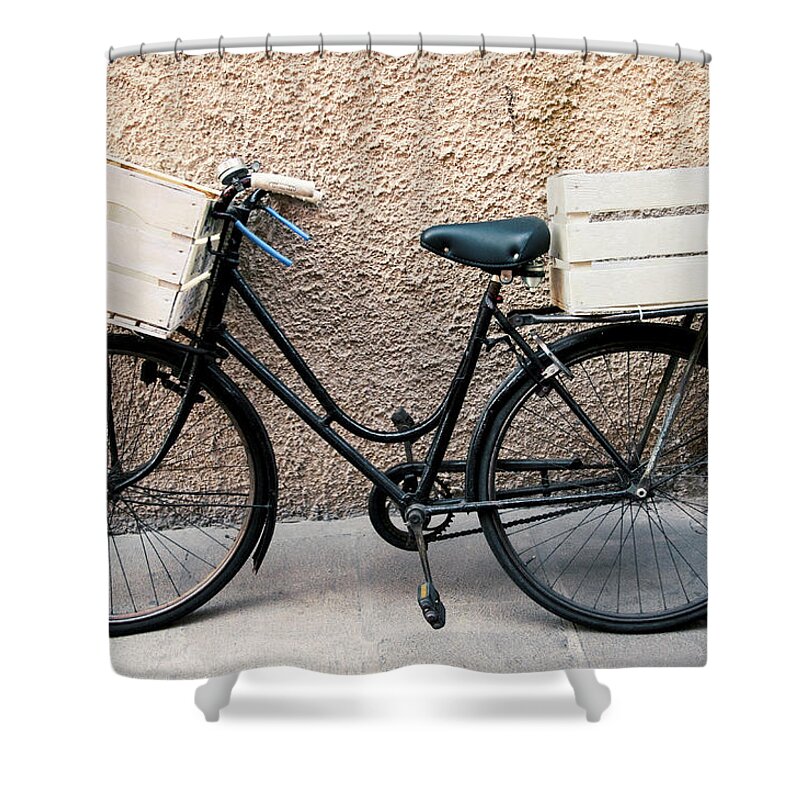 Empty Shower Curtain featuring the photograph Bicycle With Empty Wooden Boxes, Front by Paolo Negri