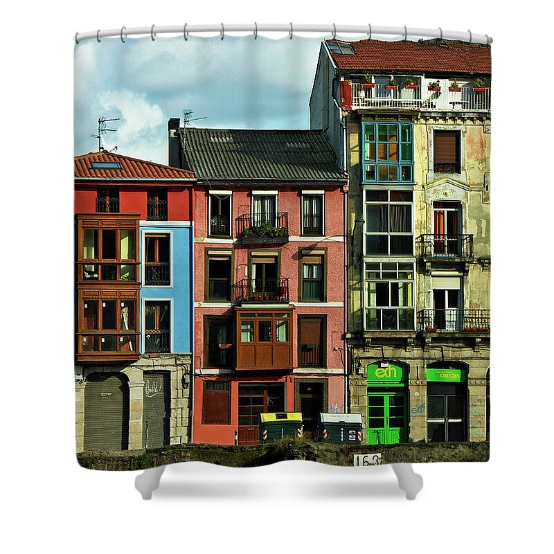 In A Row Shower Curtain featuring the photograph Bilbao-color-casas Olabeaga by Alvaro Martinez