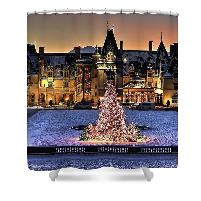 Holidays At Biltmore House Shower Curtain featuring the photograph Biltmore Christmas Night All Covered In Snow by Carol Montoya