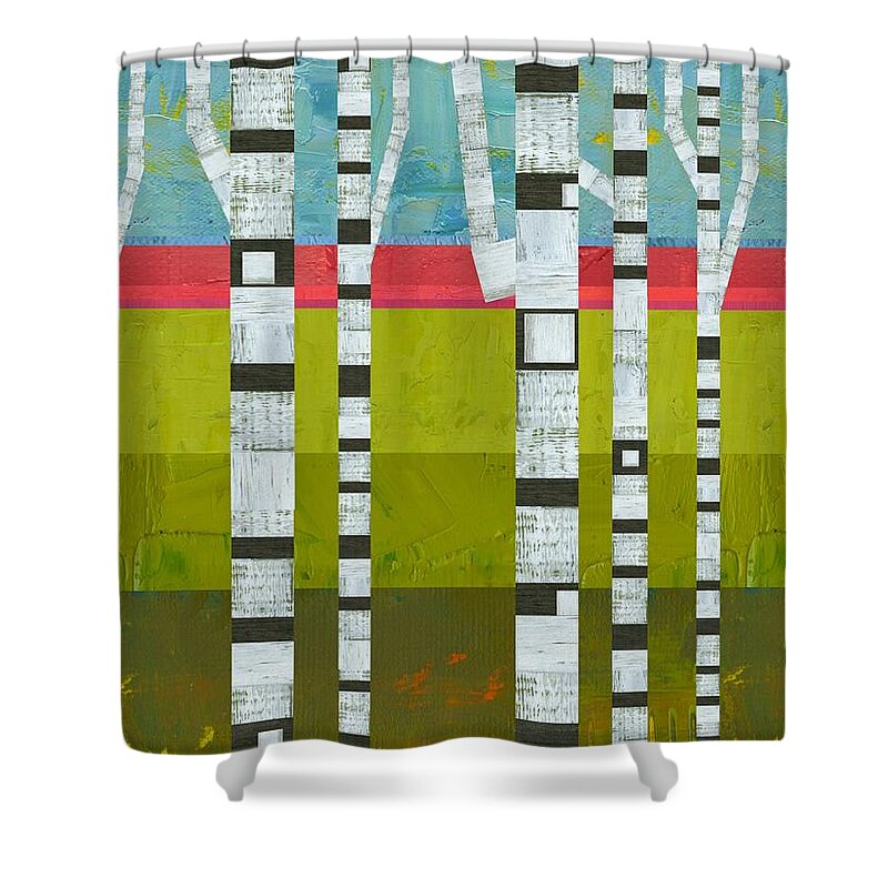Stripes Shower Curtain featuring the digital art Birches with Pink and Green by Michelle Calkins