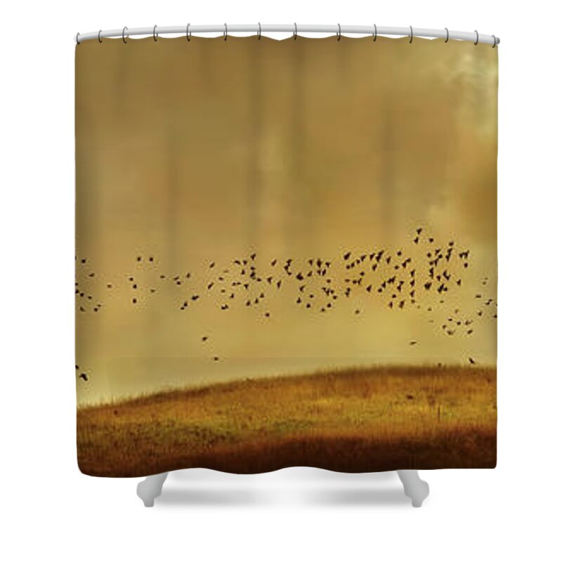 Tranquility Shower Curtain featuring the photograph Birds Flying To Bare Tree In Rural by Chris Clor