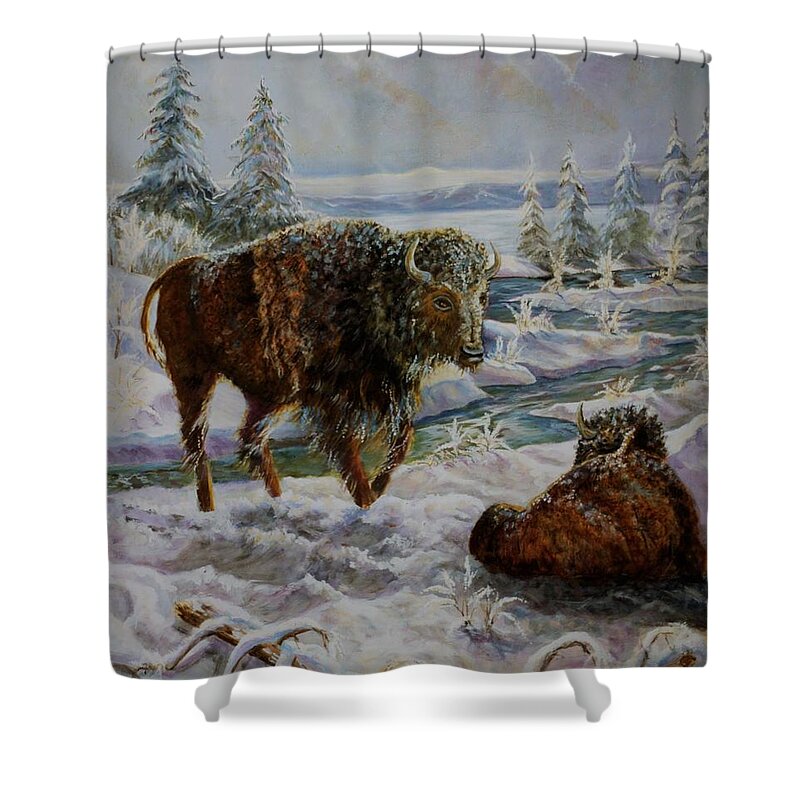 Yellowstone Bison In The Winter Shower Curtain featuring the painting Bison In Yellowstone In The Winter by Philip And Robbie Bracco