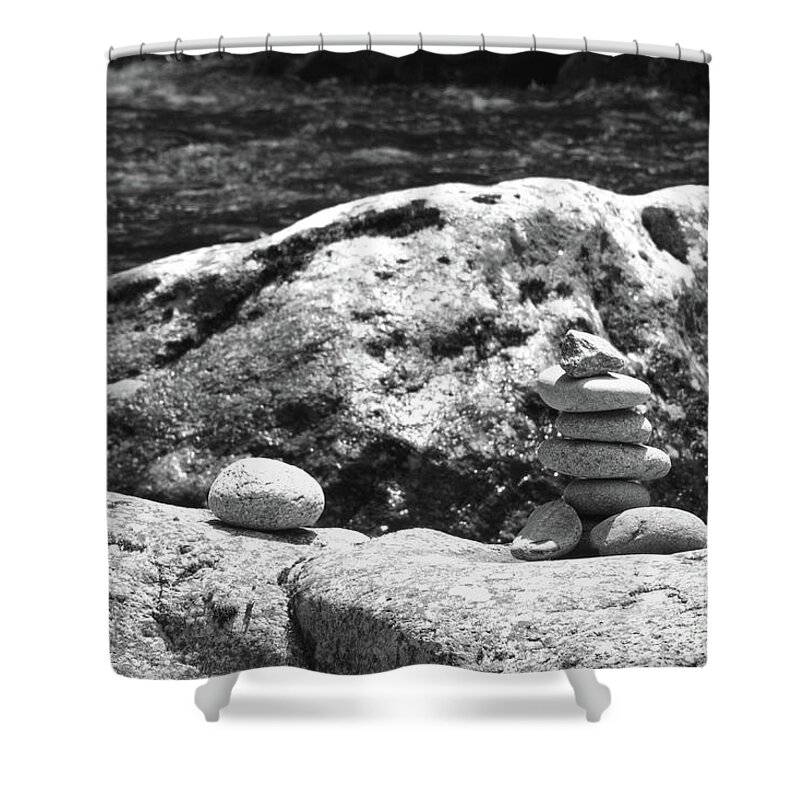Black And White Shower Curtain featuring the photograph Black And White Stacked Stones by Phil Perkins