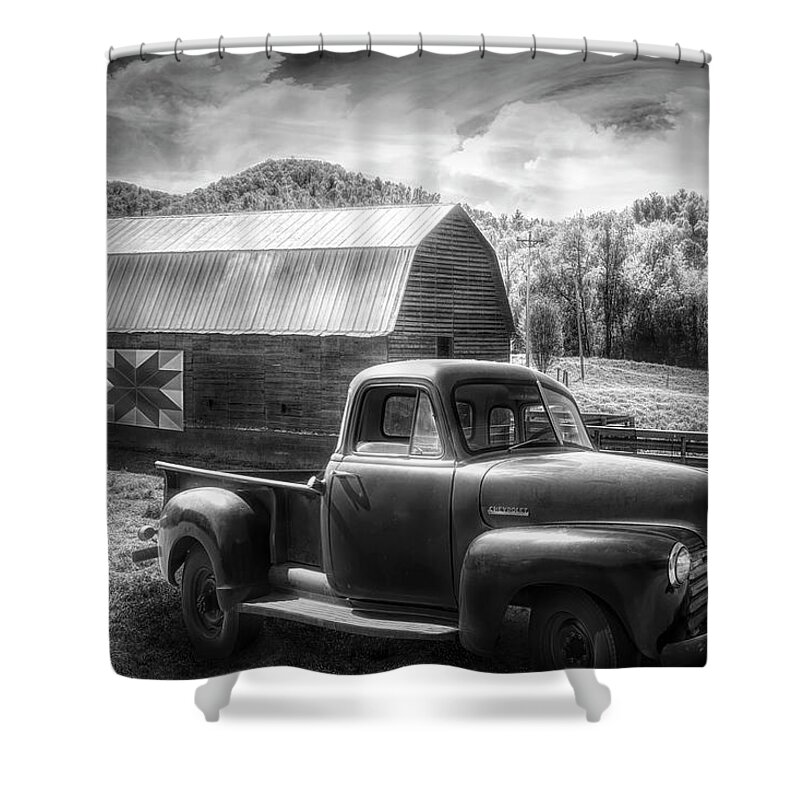 1947 Shower Curtain featuring the photograph Black and White Truck at the Farm Barn by Debra and Dave Vanderlaan