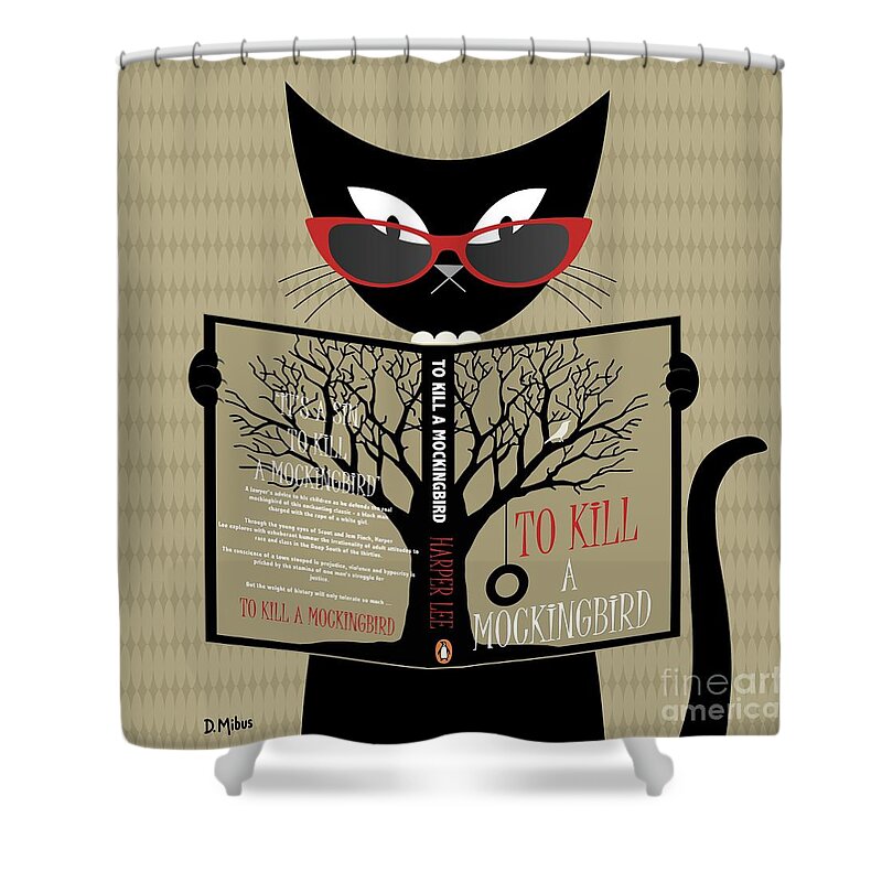 Mid Century Modern Shower Curtain featuring the digital art Black Cat Reading by Donna Mibus