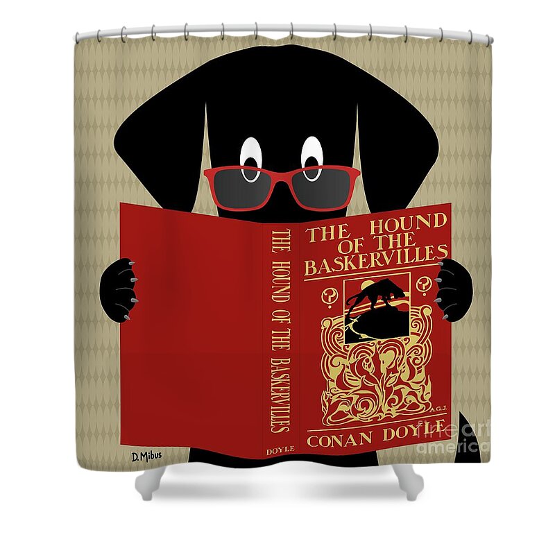 Mid Century Modern Shower Curtain featuring the digital art Black Dog Reading by Donna Mibus