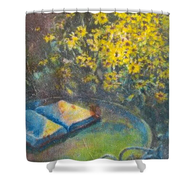 Bible Shower Curtain featuring the painting Black-Eyed Susans and Bible Study by ML McCormick