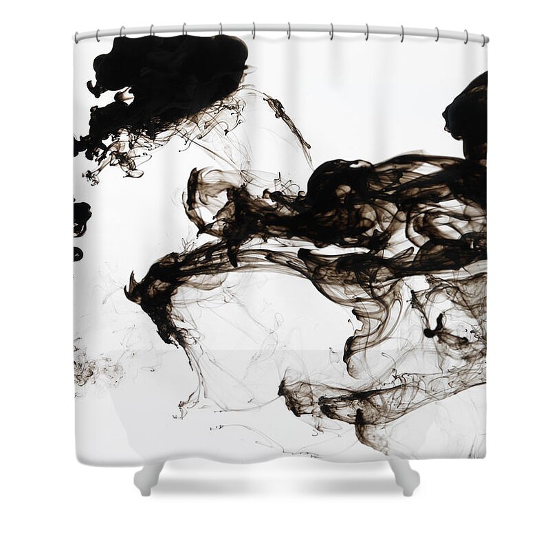 White Background Shower Curtain featuring the photograph Black Ink Swirls In Water by Terry Mccormick