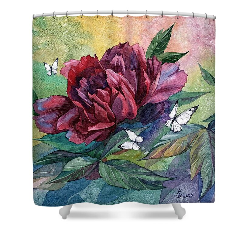 Russian Artists New Wave Shower Curtain featuring the painting Black Peony Flower and Butterflies by Ina Petrashkevich