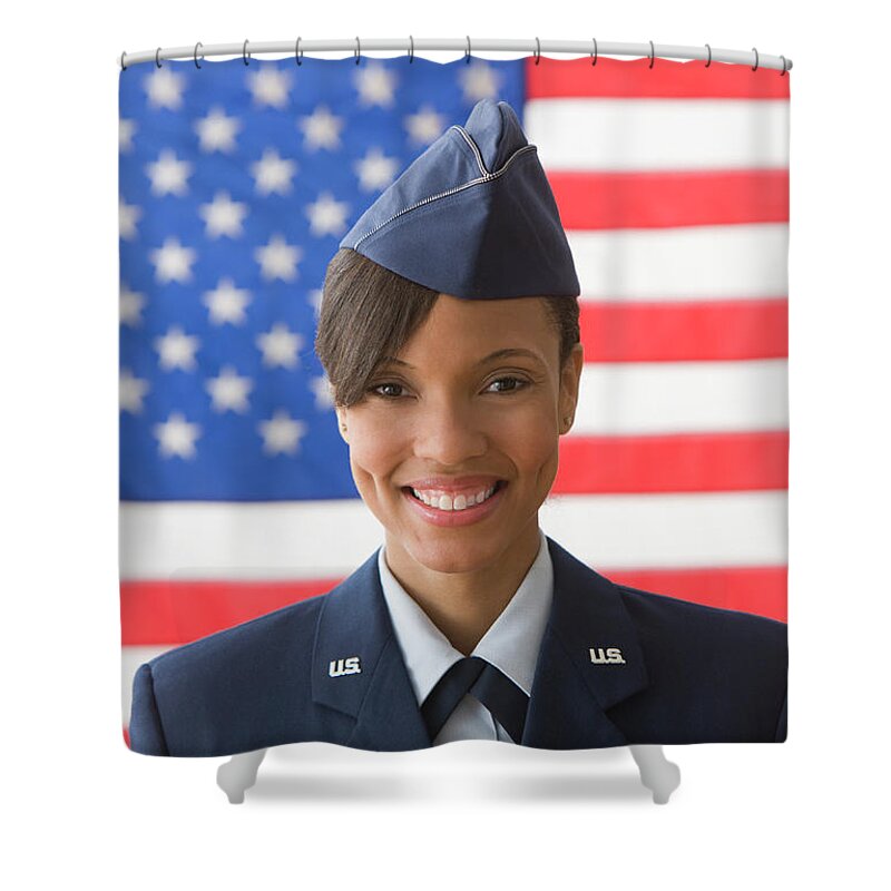 People Shower Curtain featuring the photograph Black Soldier Smiling By United States by Jose Luis Pelaez Inc