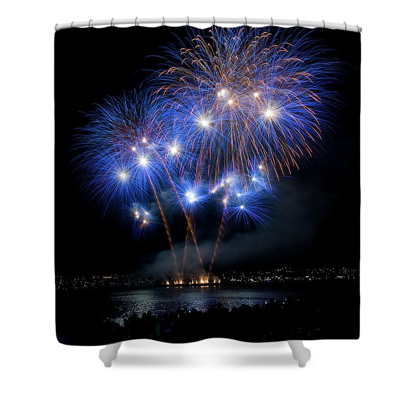 English Bay Shower Curtain featuring the photograph Blue And Orange Fireworks At Night Over by Karenmassier