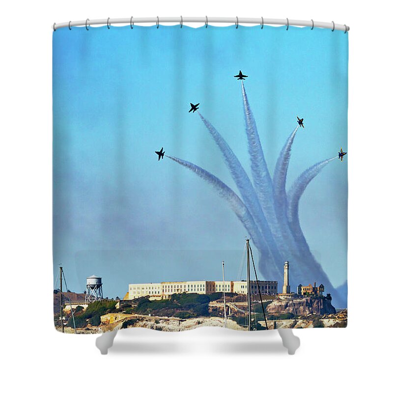 Blue Angels Shower Curtain featuring the photograph Blue Angels Over Alcatraz Island 2 by Bonnie Follett