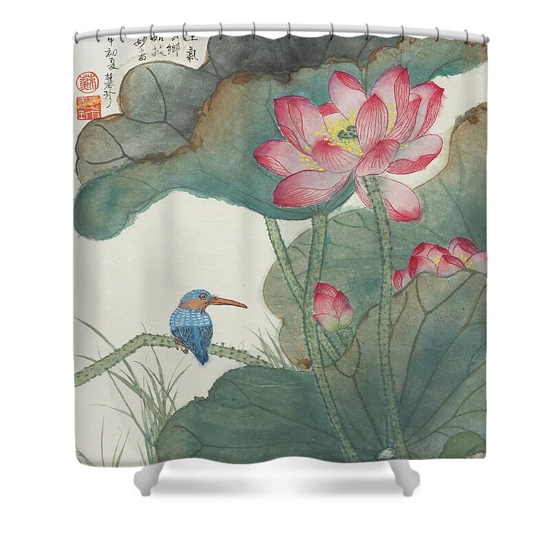Chinese Watercolor Shower Curtain featuring the painting Jade Bird and Lotus Flowers by Jenny Sanders