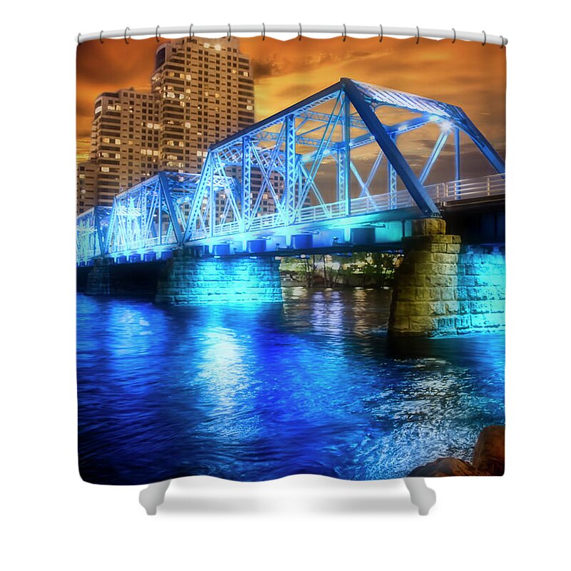 Evie Shower Curtain featuring the photograph Blue Bridge Autumn Sky by Evie Carrier