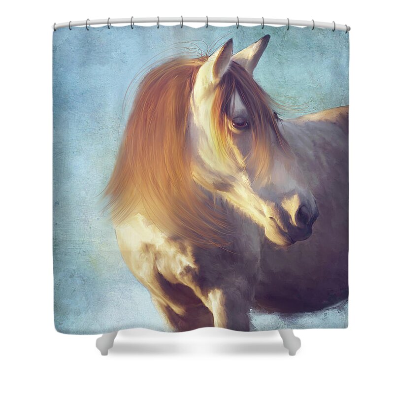 Horse Shower Curtain featuring the mixed media Blue Chip Stock by Colleen Taylor